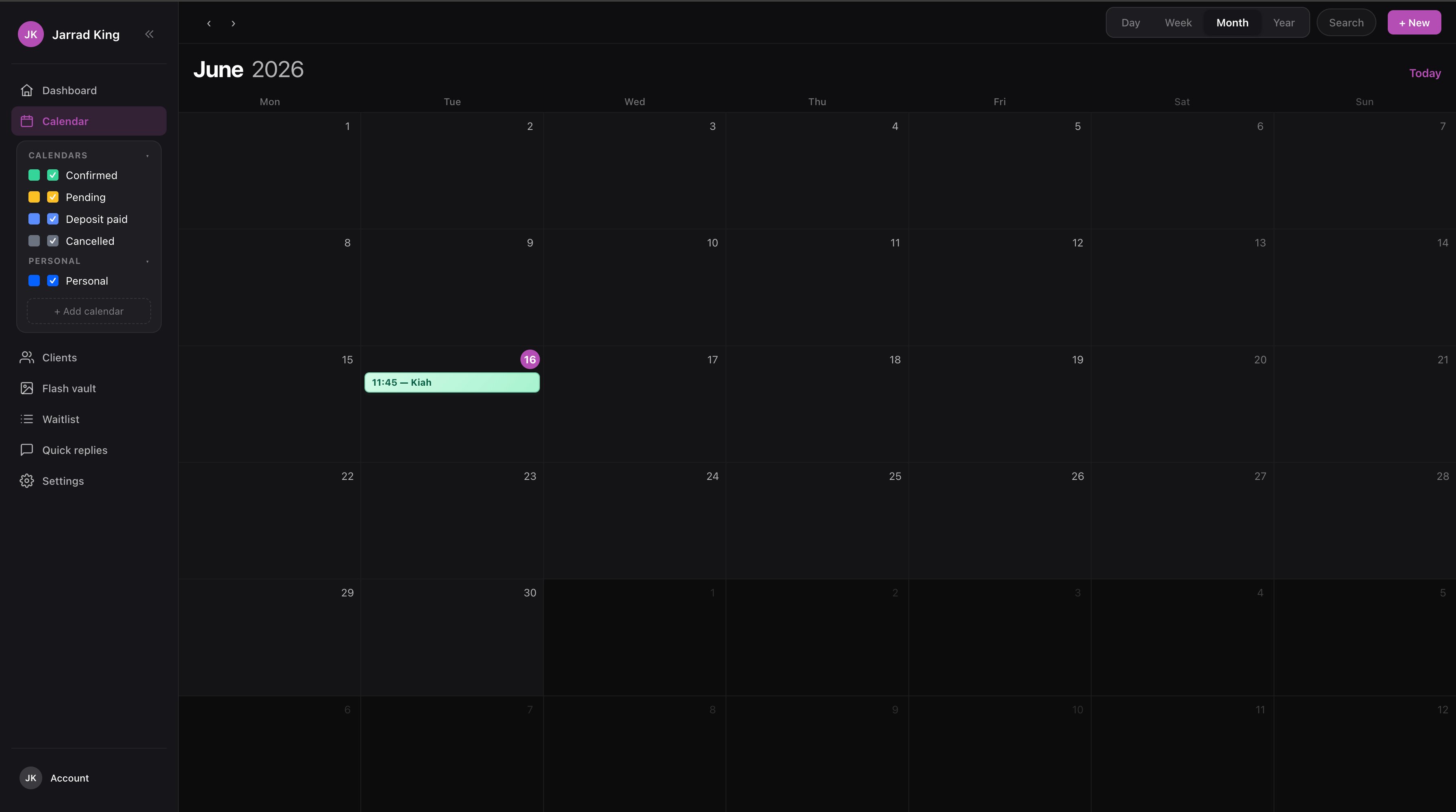 Nexus calendar showing bookings colour-coded by deposit status